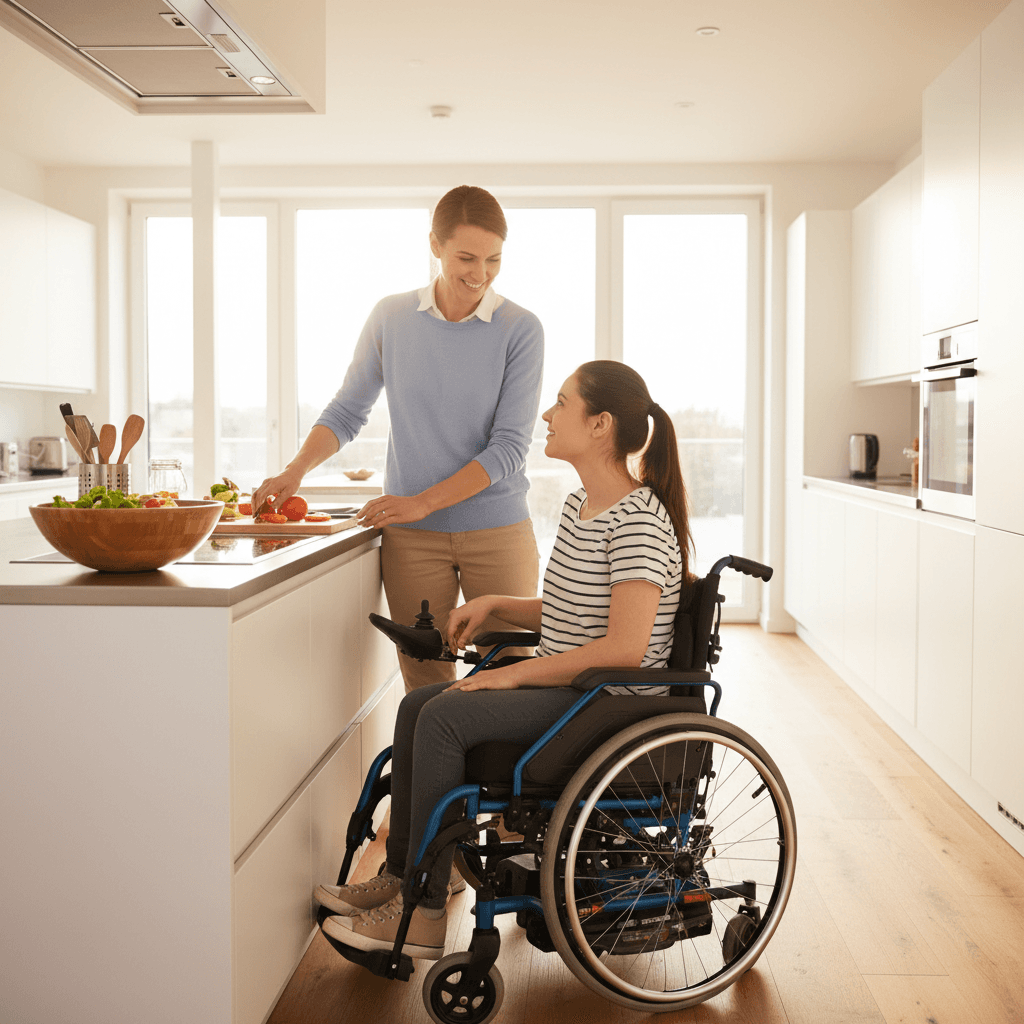 Therapist assists young woman in wheelchair with cooking in an accessible kitchen.
