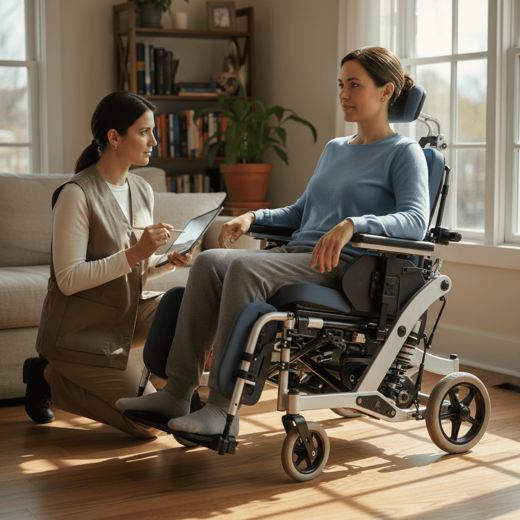 Occupational therapist assessing a custom wheelchair fit in a client's home