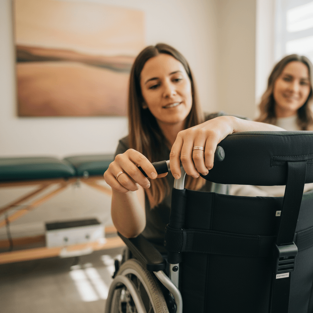Occupational therapist adjusting client seating
