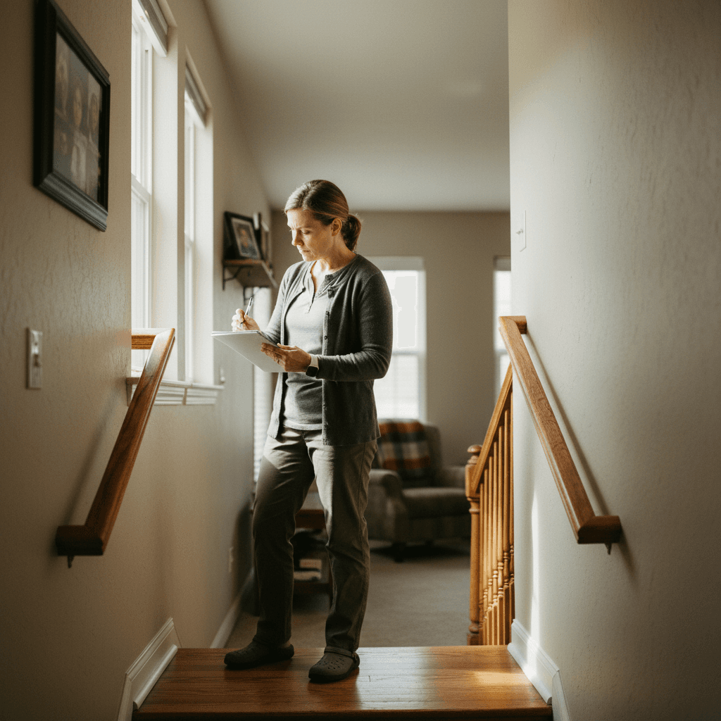 Occupational therapist evaluating staircase safety during home assessment