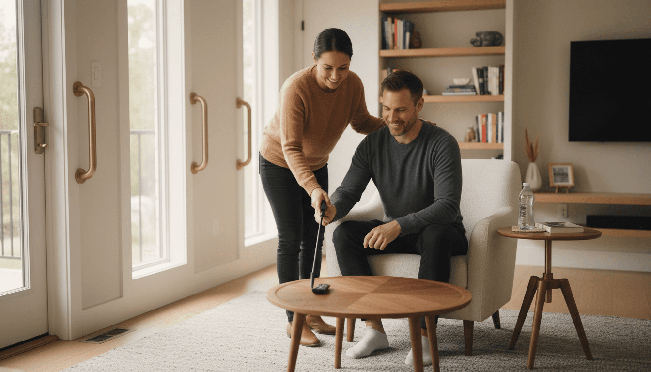 Occupational therapist working with a client on functional living skills in an accessible home environment in Melbourne