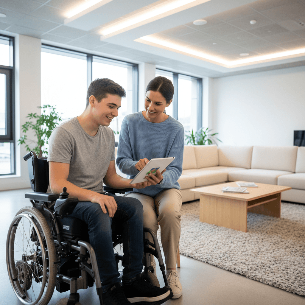 Young man in power wheelchair with therapist showing him something on an iPad in a lounge room.