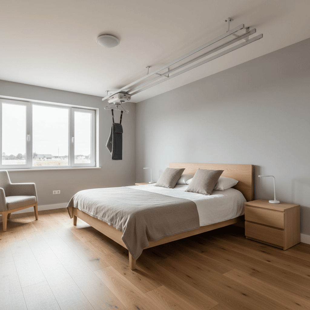 Ceiling hoist in a well-lit, accessible bedroom with modern decor and neutral colors.