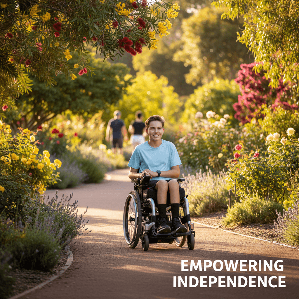Young person in a wheelchair traveling independently along a garden path under bright sunlight