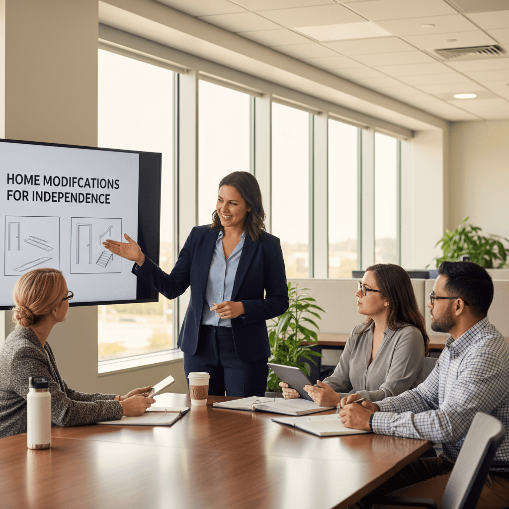 Occupational therapist presenting home modifications to colleagues in a modern office