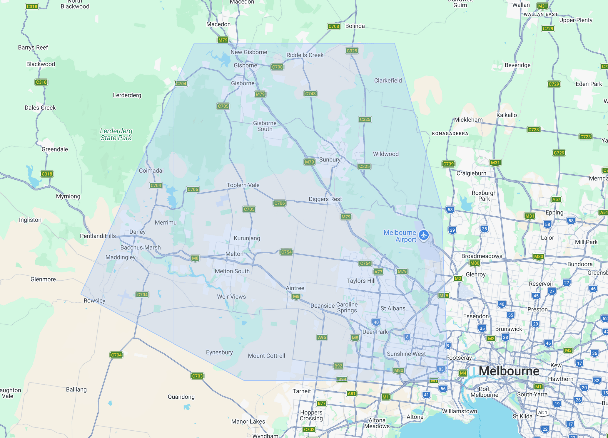 Map of Melbourne, Australia, highlighting a service region including the airport and towns.