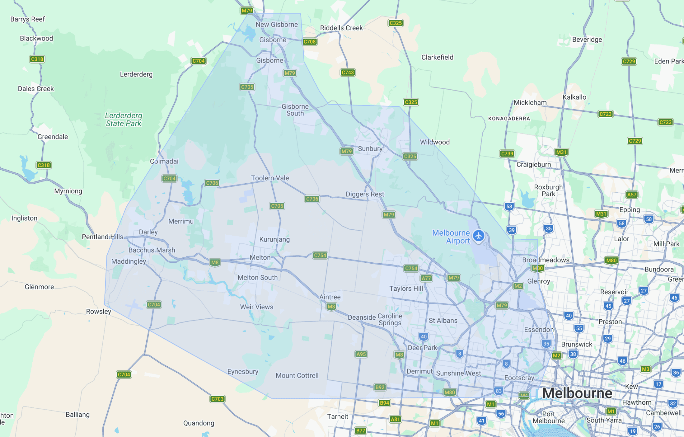Map of Melbourne showing a large blue shaded area over Sunbury, Melton, and Bacchus Marsh.