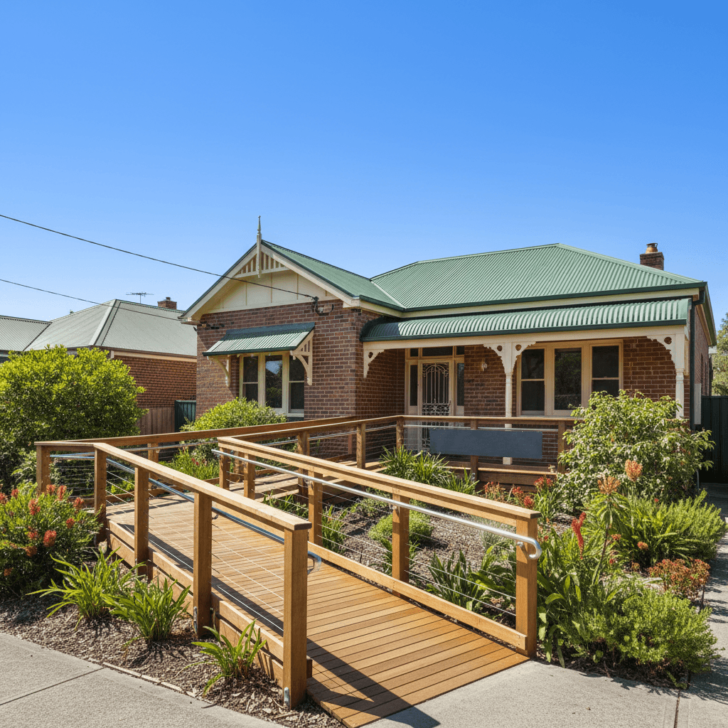 Red brick house with a green roof and a wooden wheelchair ramp in the garden.